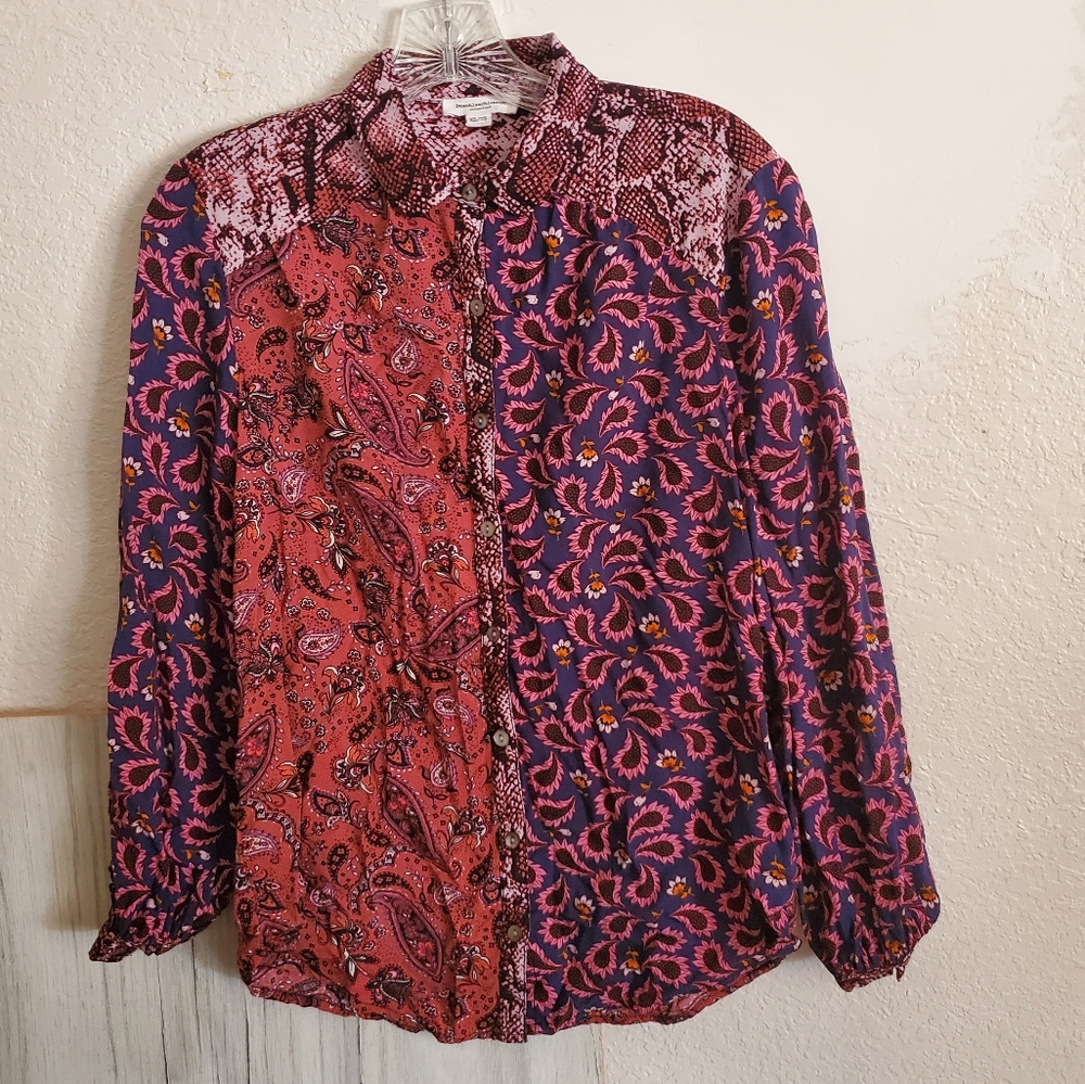 Beach Lunch Lounge Women's Pink Red Button Up Multi-Print Blouse Sz XS